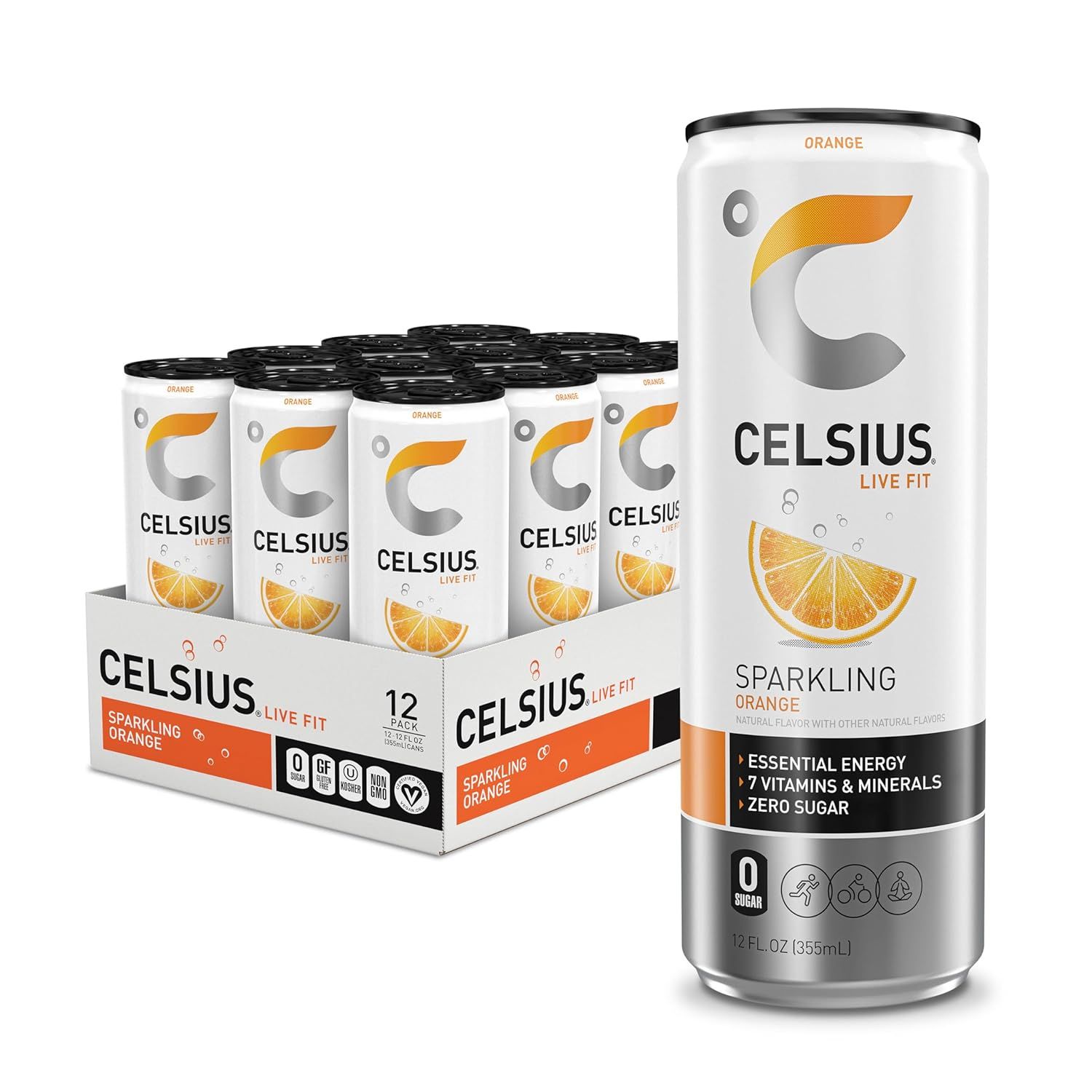 Shows the core sellable product as a 12-pack of Celsius energy drinks in orange flavor, displaying both the retail box and individual cans to communicate what the buyer receives. Displays the…