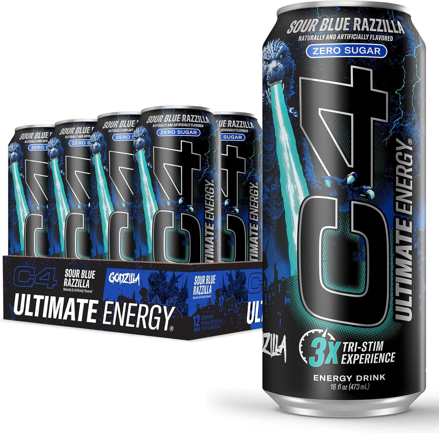 Shows the C4 Ultimate Energy drink in both individual can detail and 12-pack format to communicate the product offering and key features like Zero Sugar and 3x Tri-Stim Experience. Displays the…
