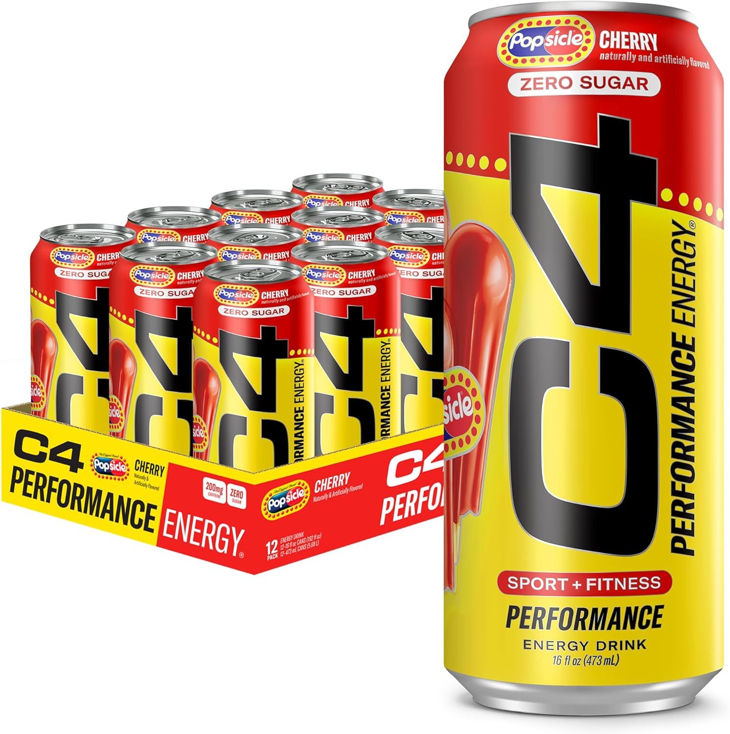 Shows the core sellable product - a 12-pack of C4 Performance Energy drinks in Cherry Popsicle flavor - with both the full case and individual cans clearly visible to communicate what the buyer…