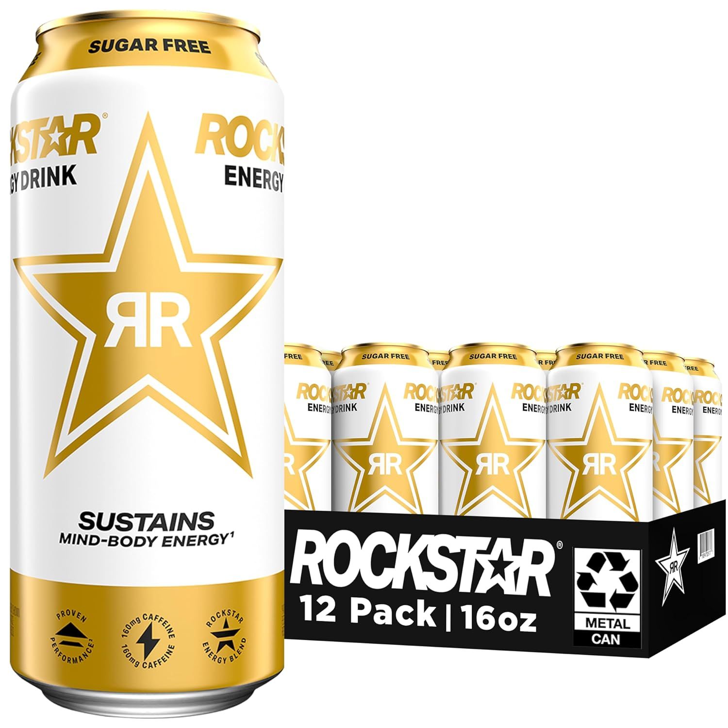 Displays the core sellable product—a 12-pack of Rockstar Energy Drink sugar-free cans—showing both individual can design and the full retail pack to communicate quantity and packaging format. Shows…