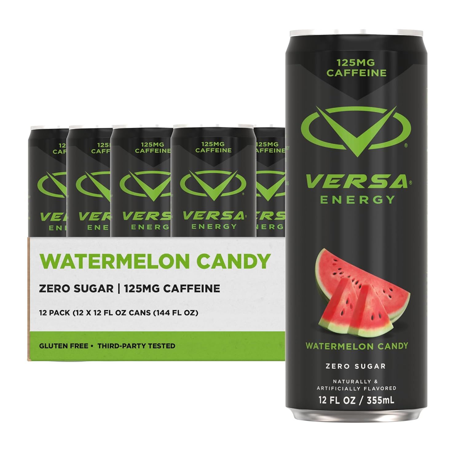 Shows the core sellable product - a 12-pack of Versa Energy drinks in Watermelon Candy flavor - with both the retail box and an individual can displayed to communicate what the buyer receives.…