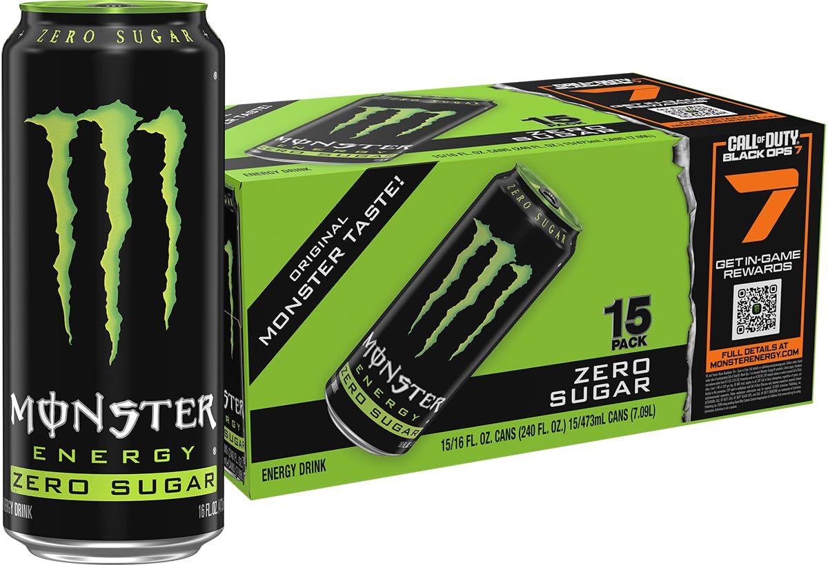 Shows the Monster Energy Zero Sugar product in both individual can and 15-pack format to communicate the purchase option and product branding clearly. Displays the retail packaging with Call of Duty…