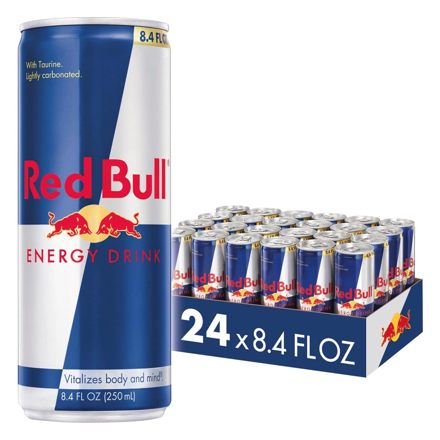 Shows the core product (Red Bull energy drink) both as an individual can and as a complete 24-pack case to communicate the quantity and packaging format the shopper will receive. Displays the retail…