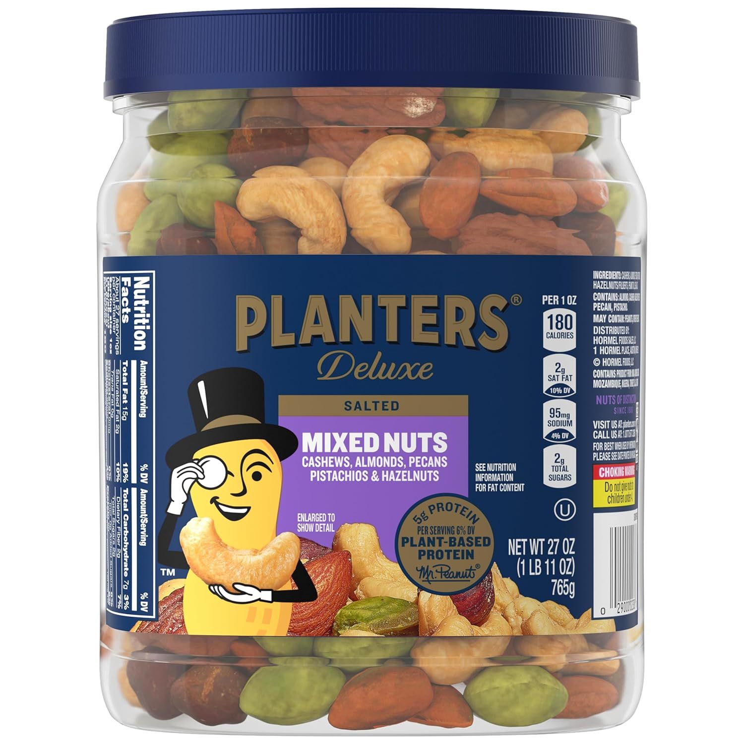 Shows the core sellable product—a jar of Planters Deluxe Mixed Nuts—with the actual nuts visible through the clear container, allowing shoppers to see exactly what they're purchasing. Displays the…