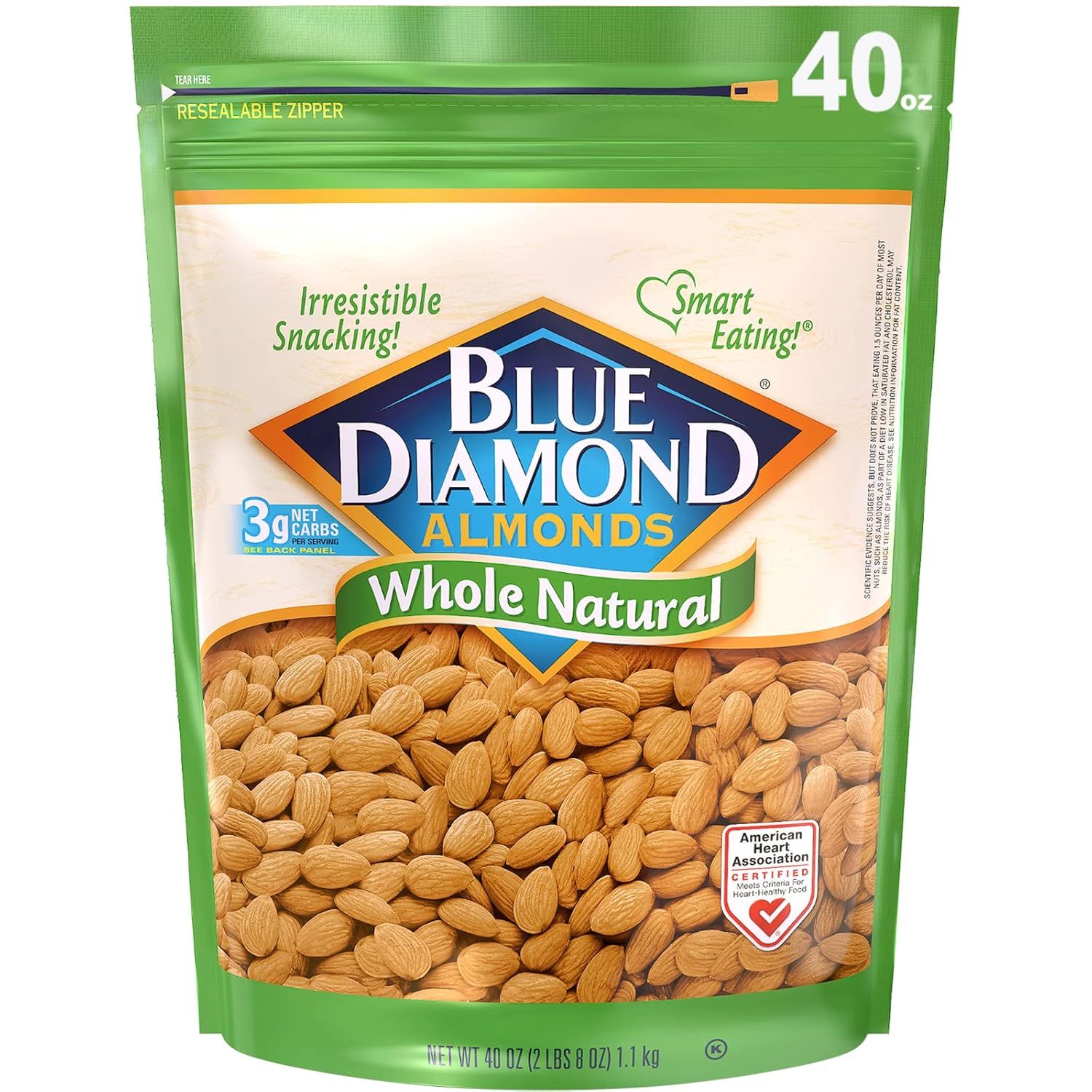 Displays the core product—a large bag of Blue Diamond whole natural almonds—clearly showing the brand, product type, size, and key features like the resealable zipper to communicate value and…