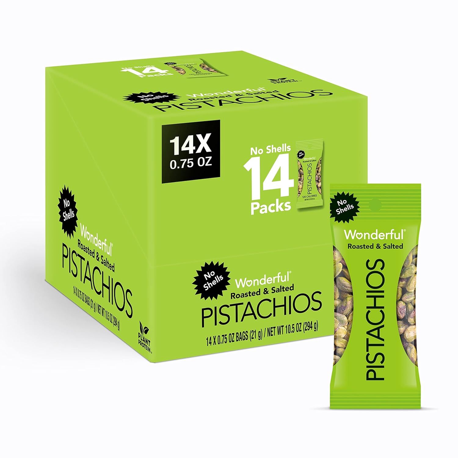 Shows the complete product offering of 14 individual pistachio packets in a retail box, communicating the quantity and convenience of single-serve portions for shoppers looking for grab-and-go…