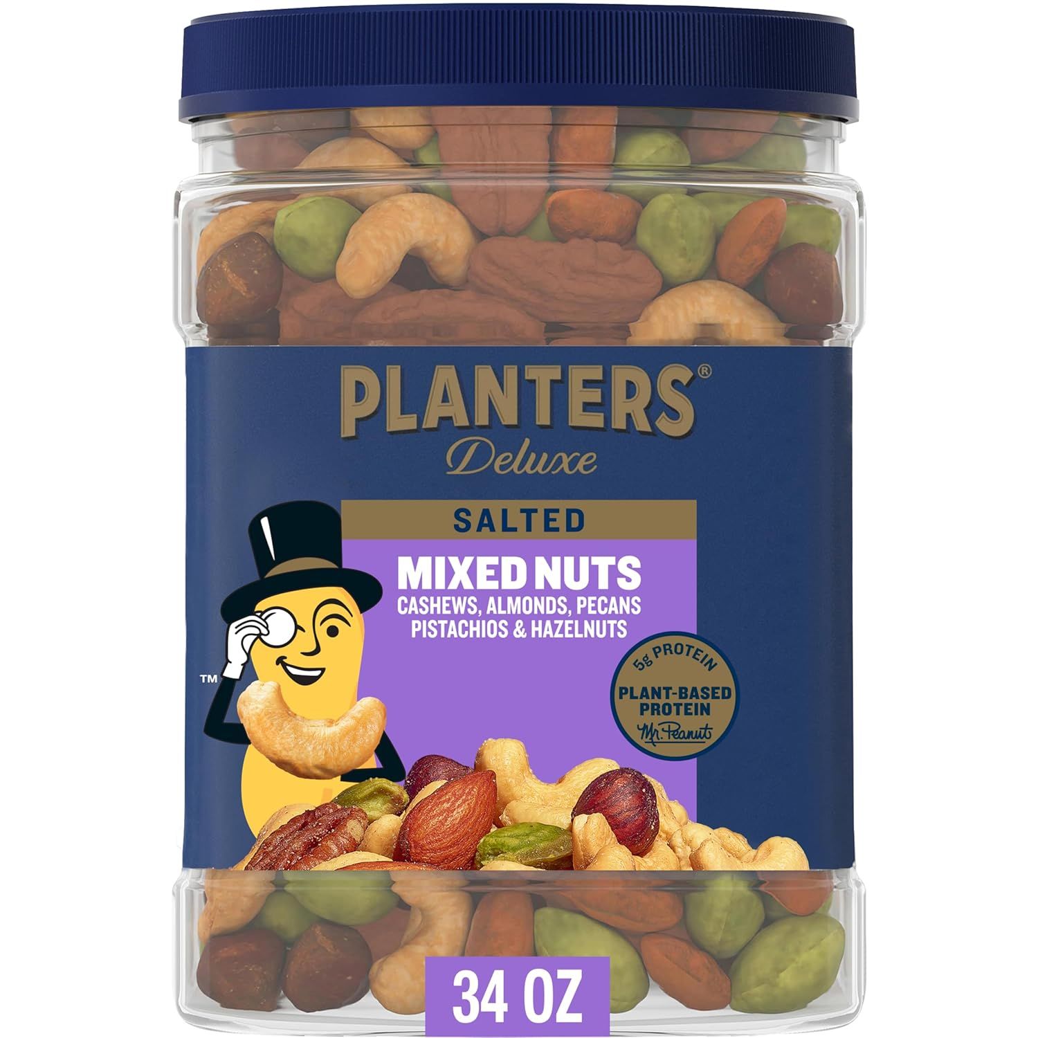 Shows the core sellable product—a jar of Planters Deluxe Salted Mixed Nuts—with clear visibility of the actual nuts inside the transparent container, allowing shoppers to see exactly what they are…