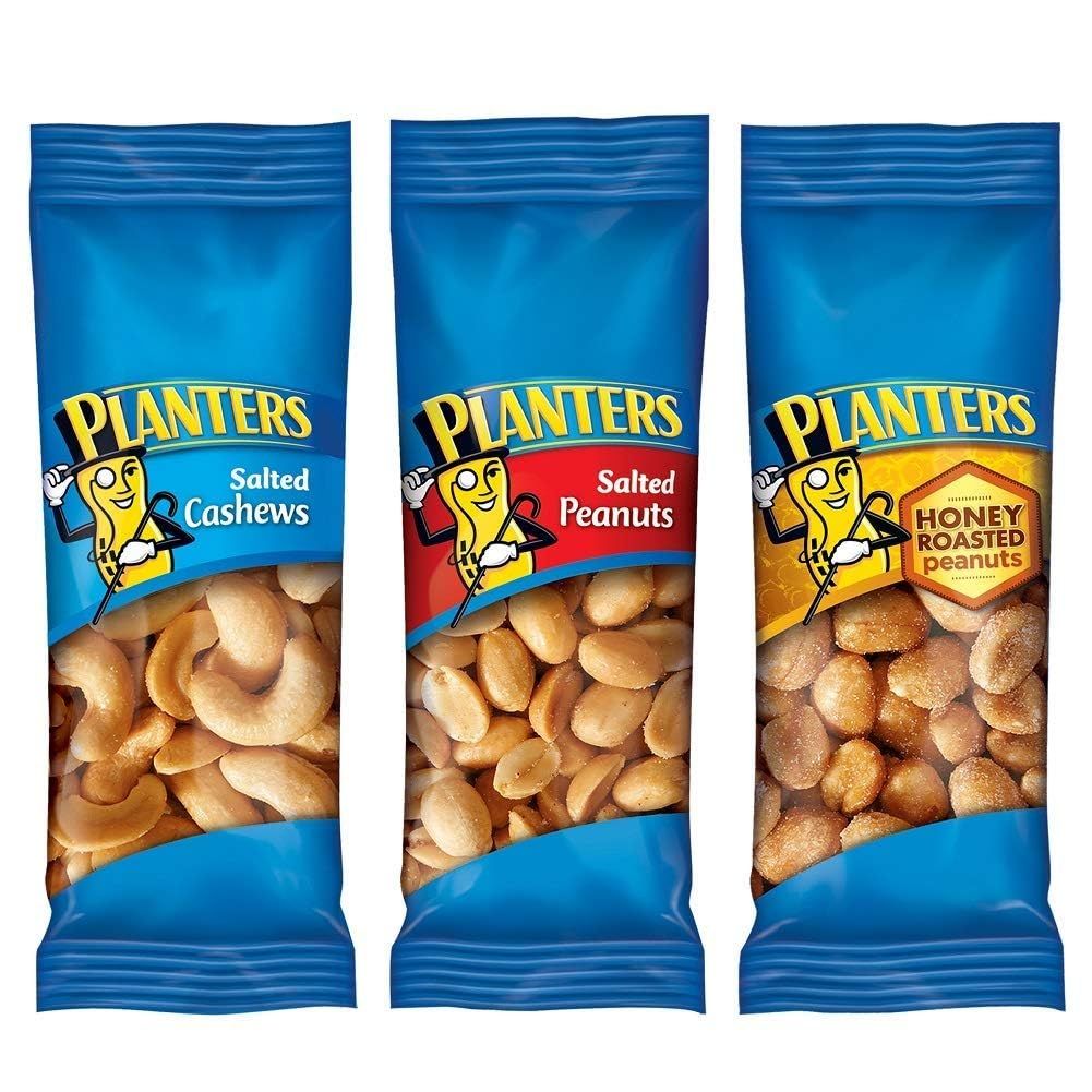 Displays the core Planters snack products in their retail packaging to show shoppers what they will receive. Shows three distinct flavor variants (Salted Cashews, Salted Peanuts, Honey Roasted…