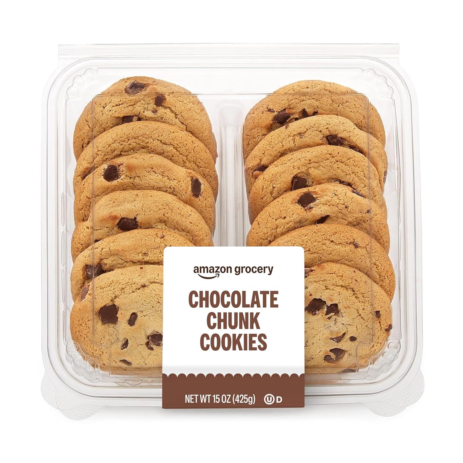 Shows the core sellable product - a container of chocolate chunk cookies - clearly visible so shoppers can see exactly what they are purchasing. Displays the actual retail packaging the customer…