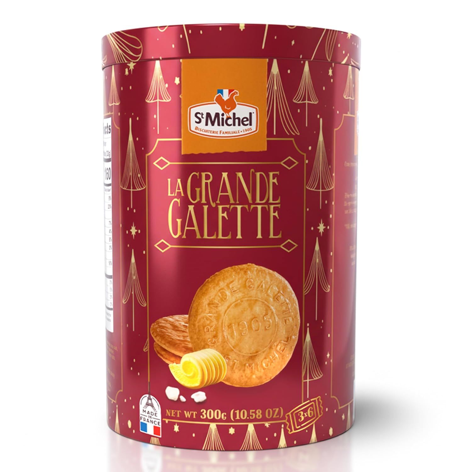 Displays the core product in its festive holiday tin packaging to communicate the premium gift-ready presentation and seasonal appeal of the butter cookies. Showcases the attractive retail packaging…