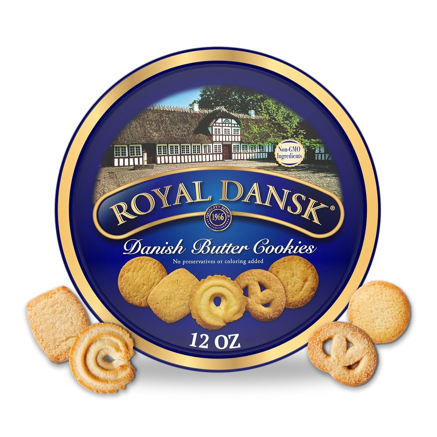 Shows the core product packaging and actual cookies to communicate what the shopper will receive and what the cookies look like. Displays the retail packaging tin that the cookies come in, showing…
