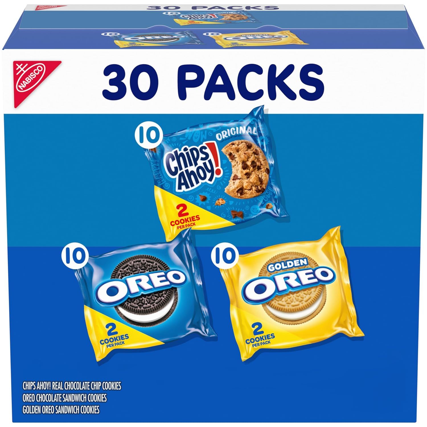 Shows the variety pack contents with three different cookie types (Chips Ahoy, Oreo, Golden Oreo) to communicate the assortment and quantity included in the purchase. Displays the retail packaging…