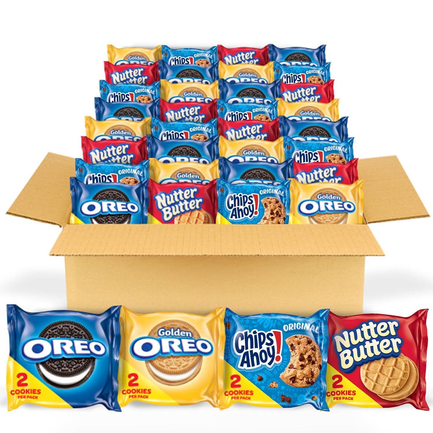 Shows the variety pack of cookies in a shipping box to communicate the assortment of flavors and quantity included in the purchase. Displays both the shipping box and individual cookie packages to…