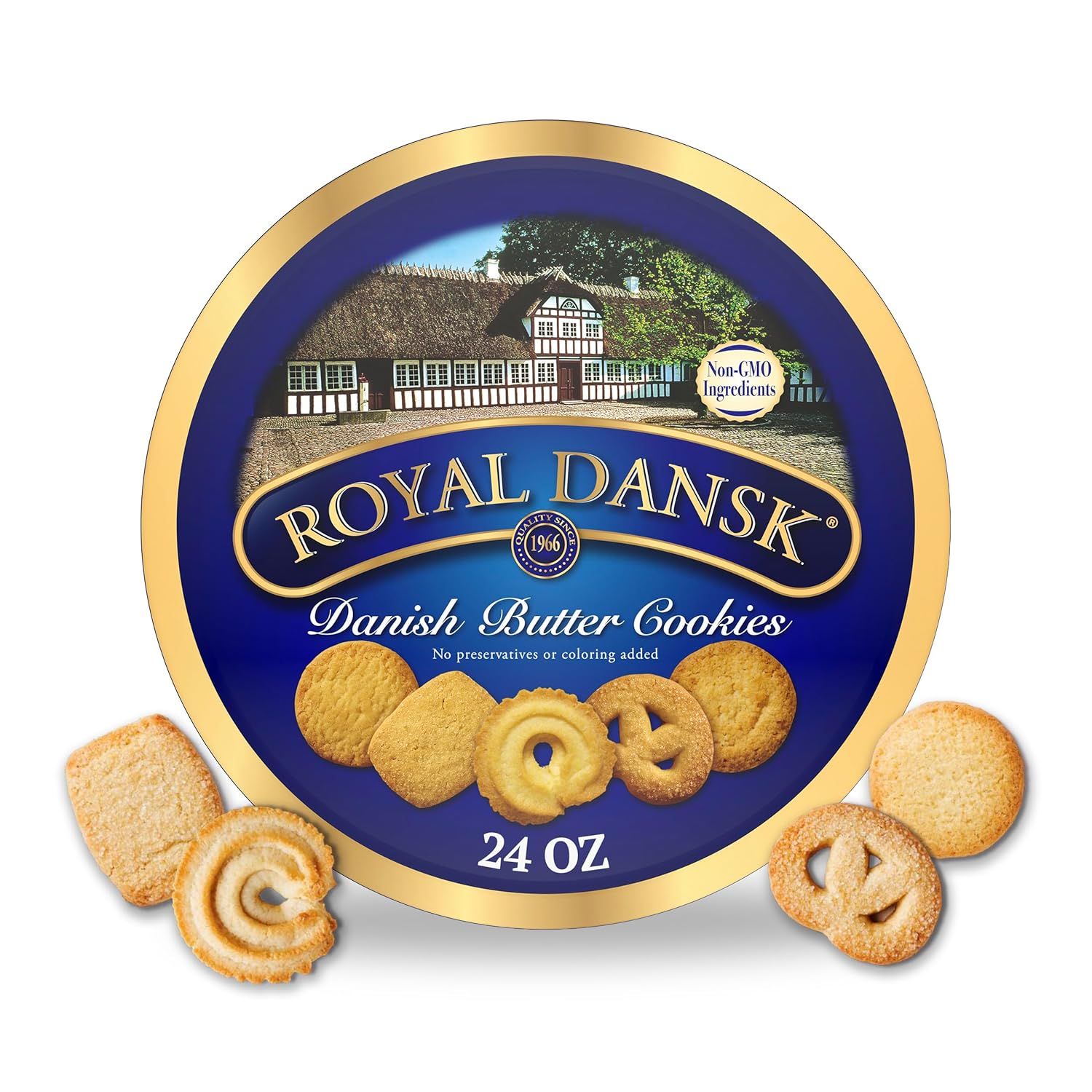 Shows the core product packaging and actual cookies to communicate what the shopper will receive and the variety of cookie shapes included. Displays the premium decorative tin packaging that the…