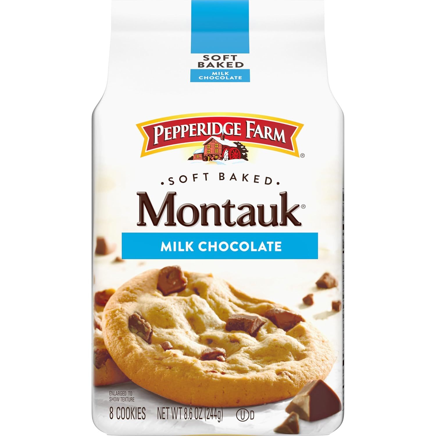 Shows the actual retail package the buyer will receive, displaying the Pepperidge Farm Montauk Milk Chocolate cookies brand, product name, and appetizing cookie imagery to help shoppers identify the…