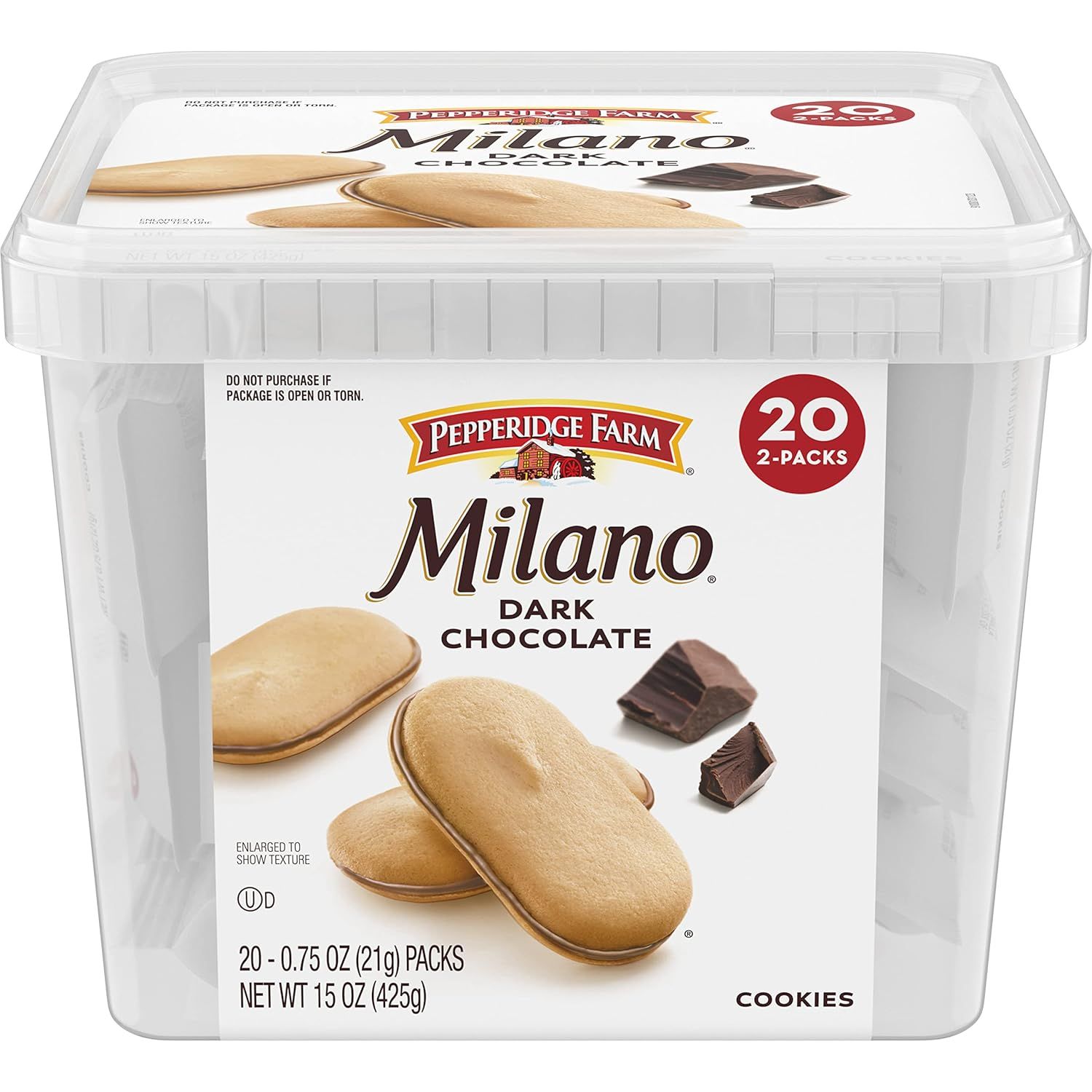 Shows the core sellable product—a tub of 20 individually wrapped Milano Dark Chocolate cookies—so shoppers can see the packaging format and quantity they will receive. Displays the physical retail…