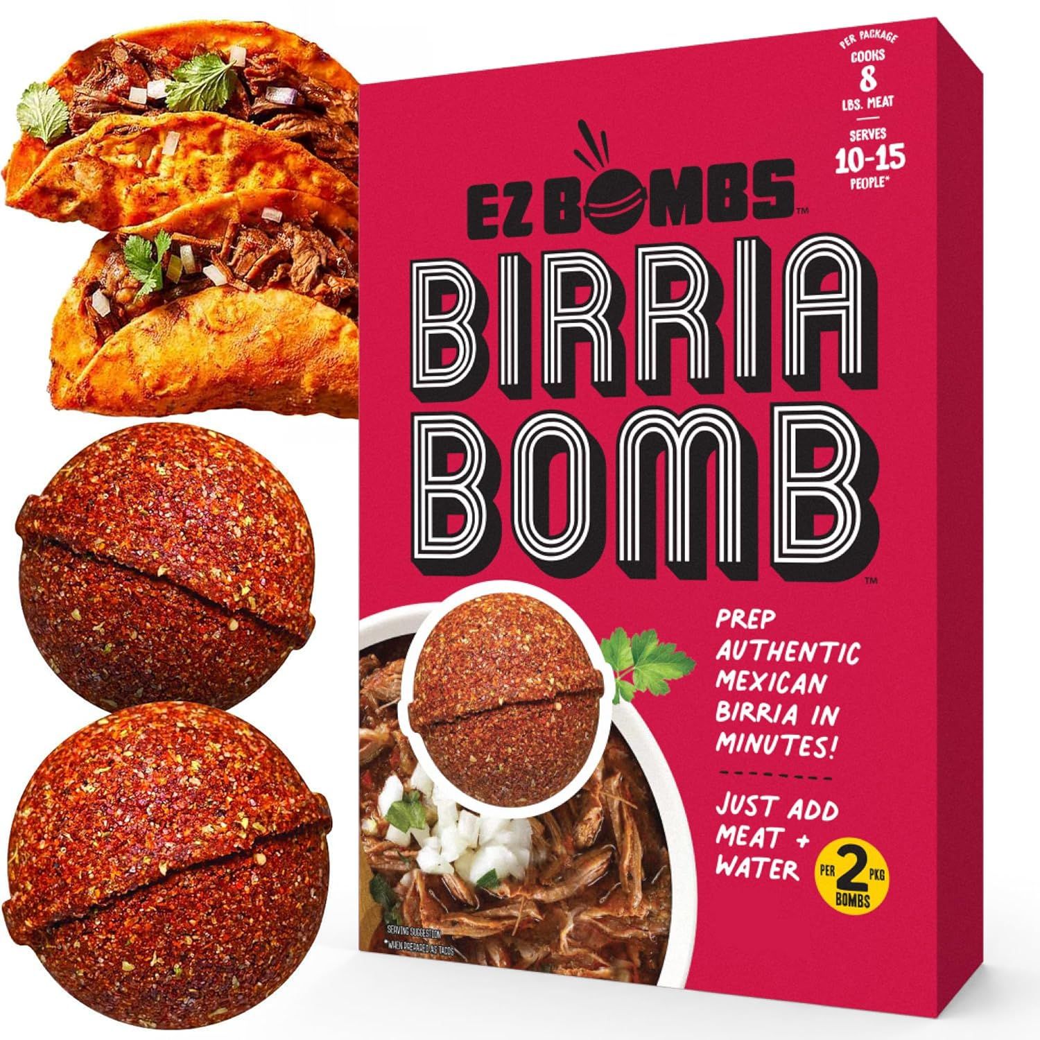 Shows the core product—a birria seasoning kit with spice bombs—alongside finished birria tacos to communicate what the shopper will receive and what they can make with it. Displays the retail…