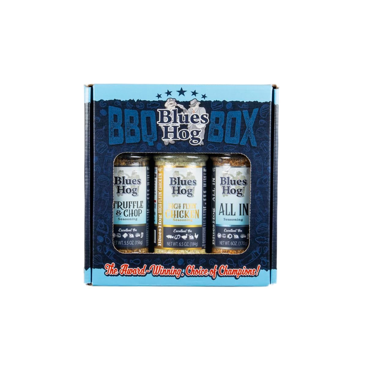 Displays the core product, a three-pack gift set of Blues Hog BBQ seasonings in their retail packaging, showing shoppers exactly what they will receive. Shows the attractive branded gift box…