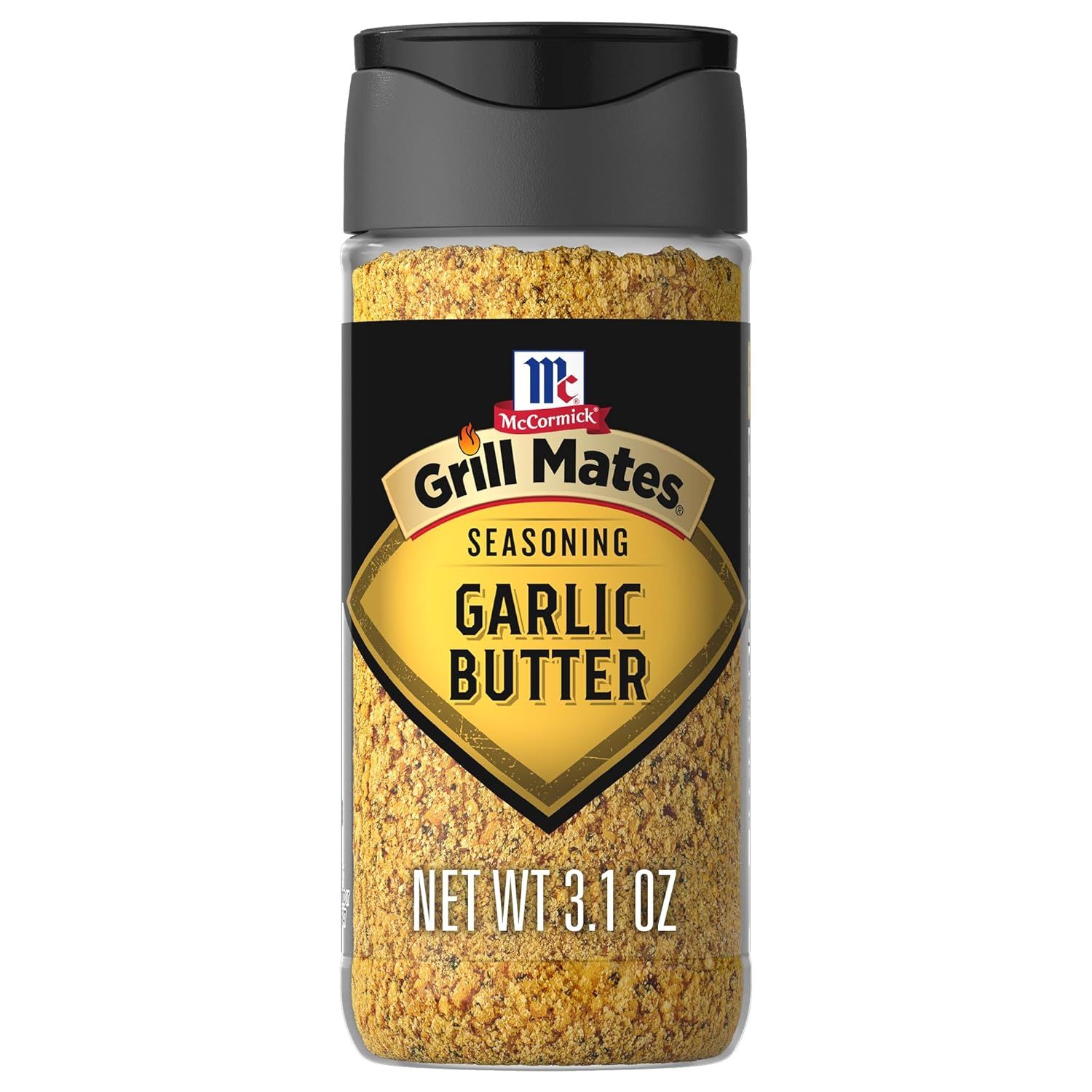 Shows the McCormick Grill Mates Garlic Butter seasoning bottle clearly so shoppers can see the product, brand, flavor, and packaging design.