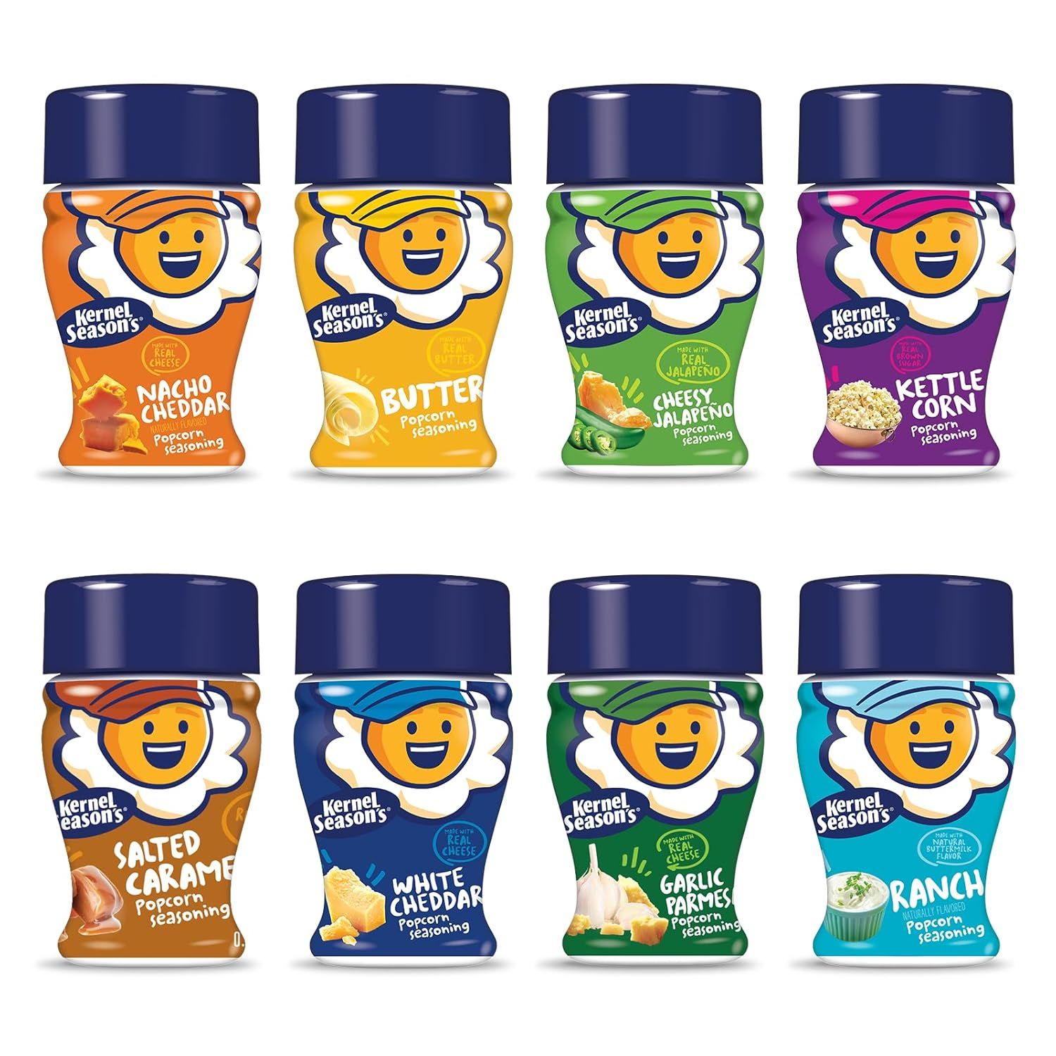 Shows the variety of popcorn seasoning flavors available, allowing shoppers to see all the different taste options they can choose from in one glance. Displays the core product packaging clearly…