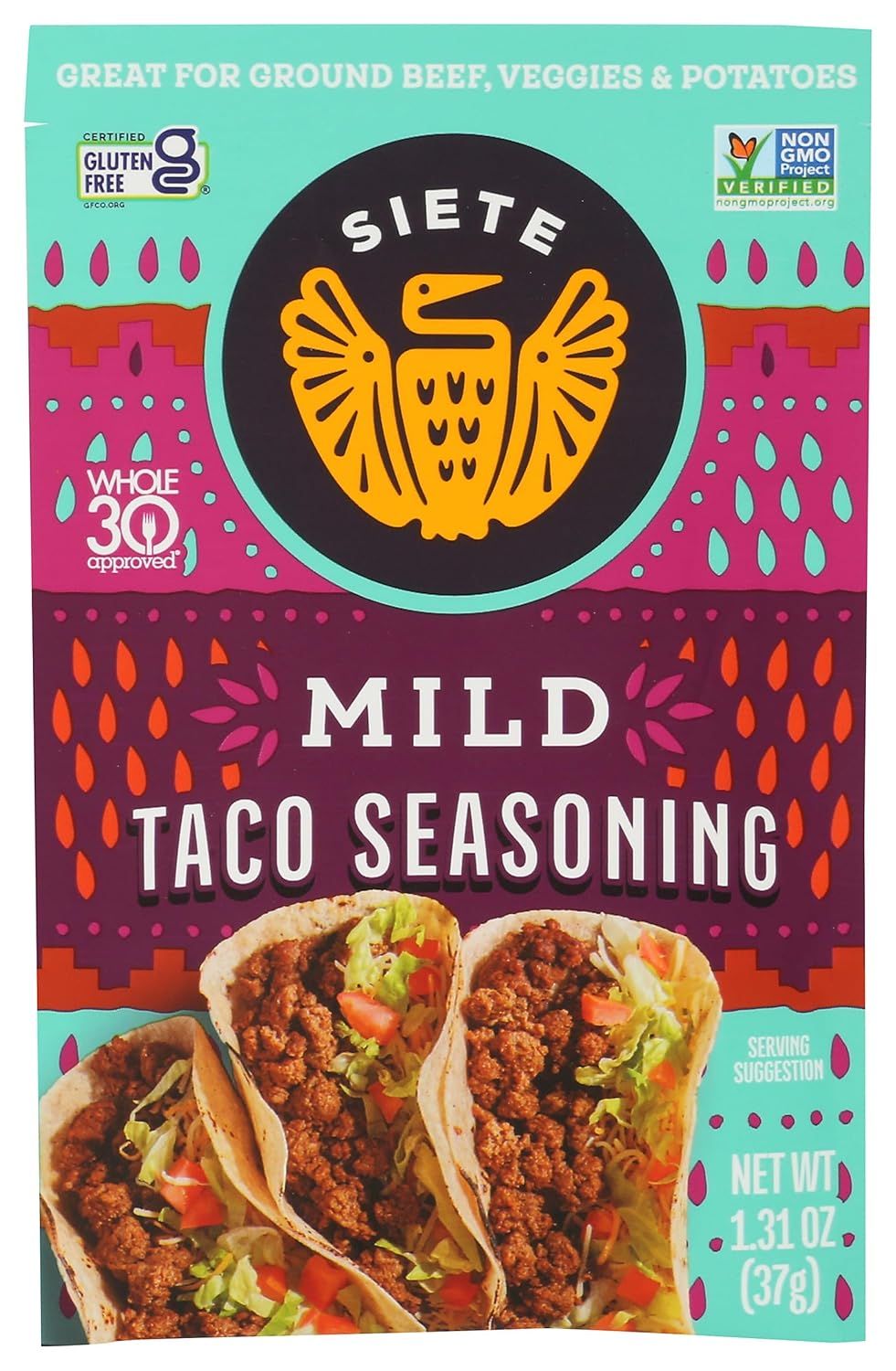 Shows the actual retail package the buyer will receive, displaying the brand logo, product name, certification badges, and prepared tacos to help shoppers identify the product on shelf and…