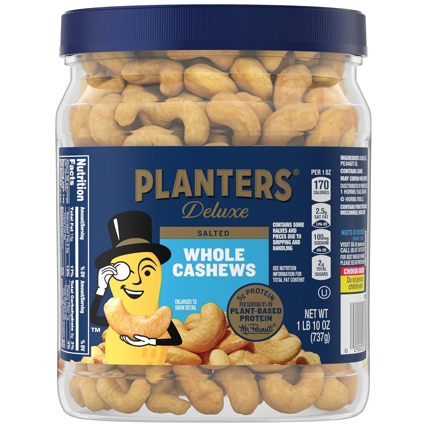 Shows the actual whole cashews inside the transparent jar to reassure shoppers about product quality and quantity, while displaying the branded packaging with nutritional information and the iconic…