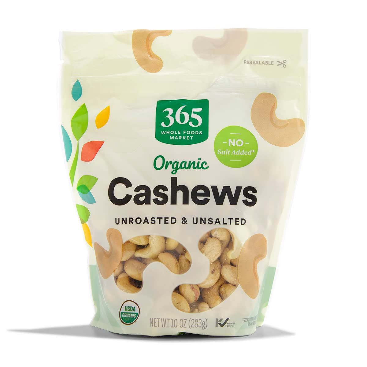 Displays the core product in its retail packaging to show shoppers exactly what they will receive, emphasizing the organic, unsalted, and unroasted nature of the cashews. Shows the physical retail…