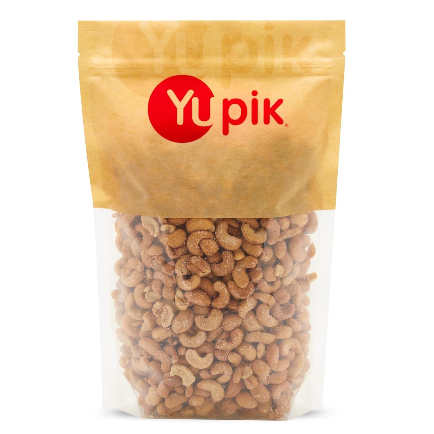 Shows the cashew nuts clearly through the transparent window of the pouch, allowing shoppers to see the actual product quality and quantity before purchase. Displays the Yupik branded retail…