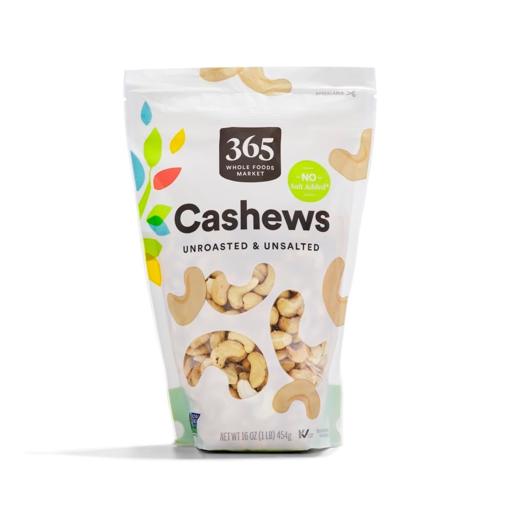 Shows the core product in its retail packaging with a clear window to display the cashews inside, communicating the product type and key attributes like unroasted, unsalted, and no salt added to…