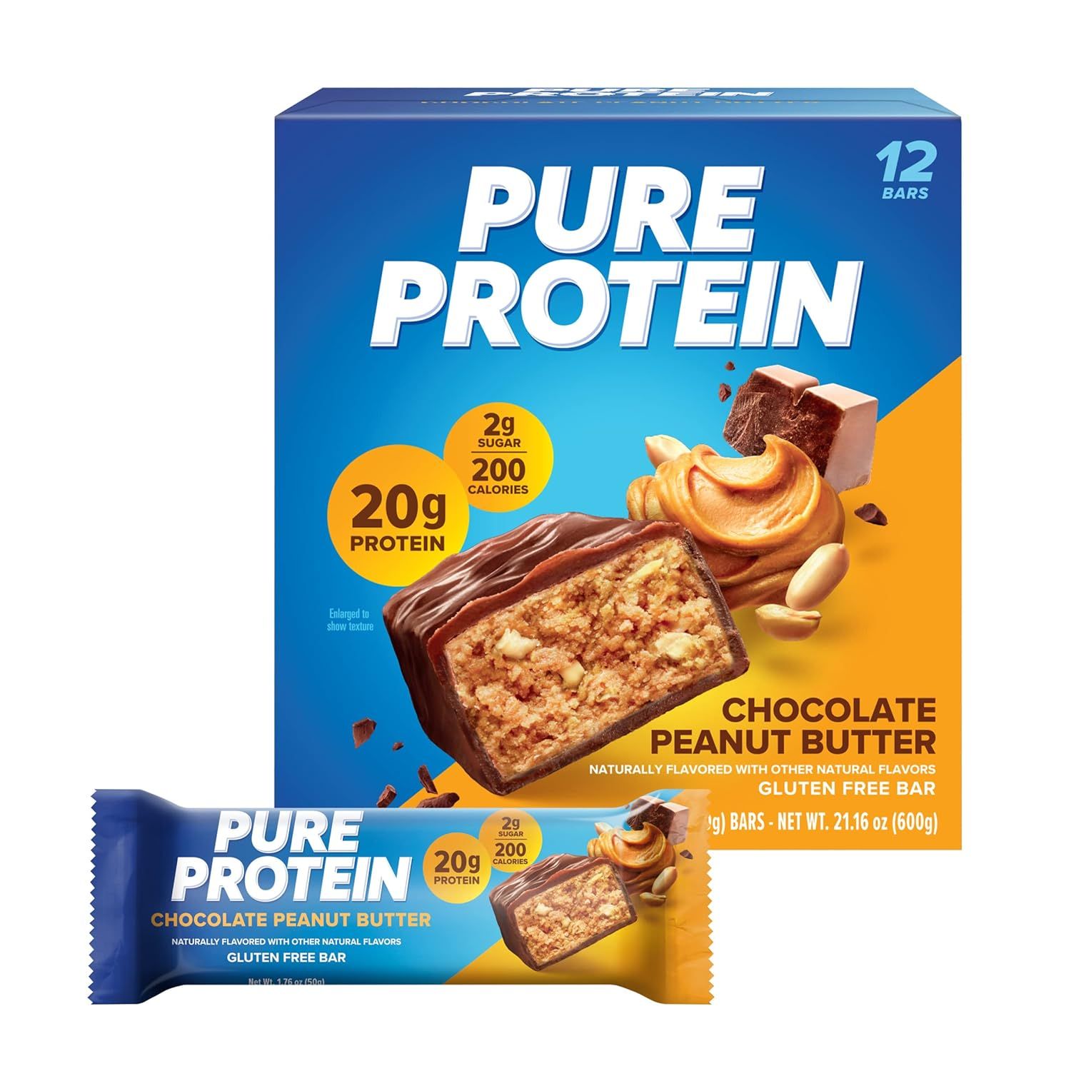 Shows the core sellable product - a 12-bar box of Pure Protein chocolate peanut butter bars - with both the outer carton and an individual bar wrapper visible to communicate what the shopper will…