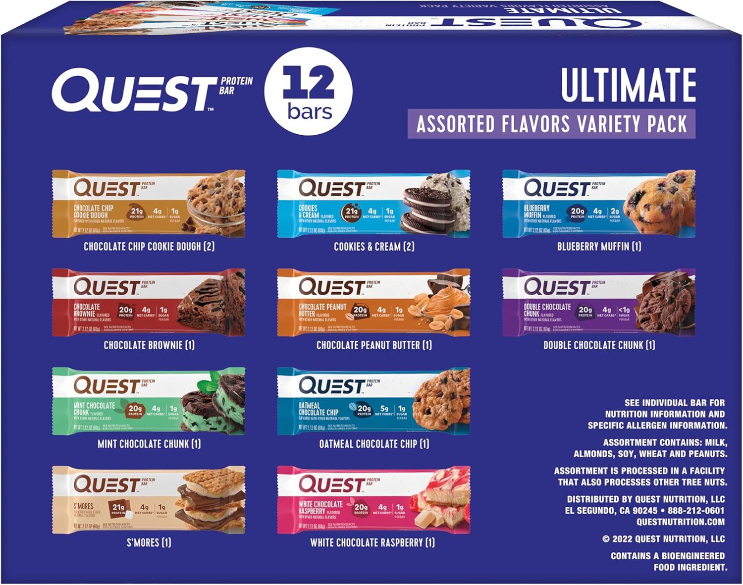 Shows the retail packaging box displaying all 10 flavor varieties included in the 12-bar assortment pack, helping shoppers understand exactly what flavors they will receive and the quantity of each.…