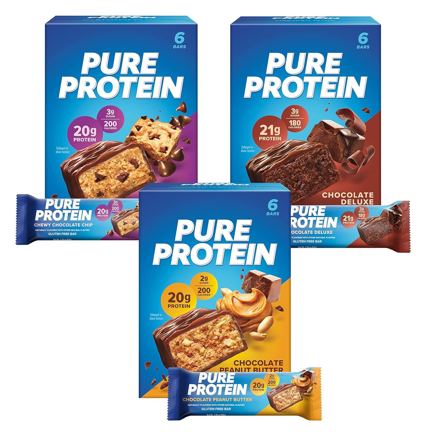 Displays the core product in three different flavor options with their retail packaging and individual bars to show shoppers what they will receive. Shows three selectable flavor variants of the…