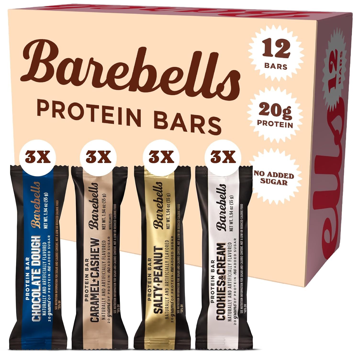 Shows the retail packaging box alongside the individual protein bars to communicate what the shopper will receive and how the product is packaged for purchase. Displays the four different flavor…