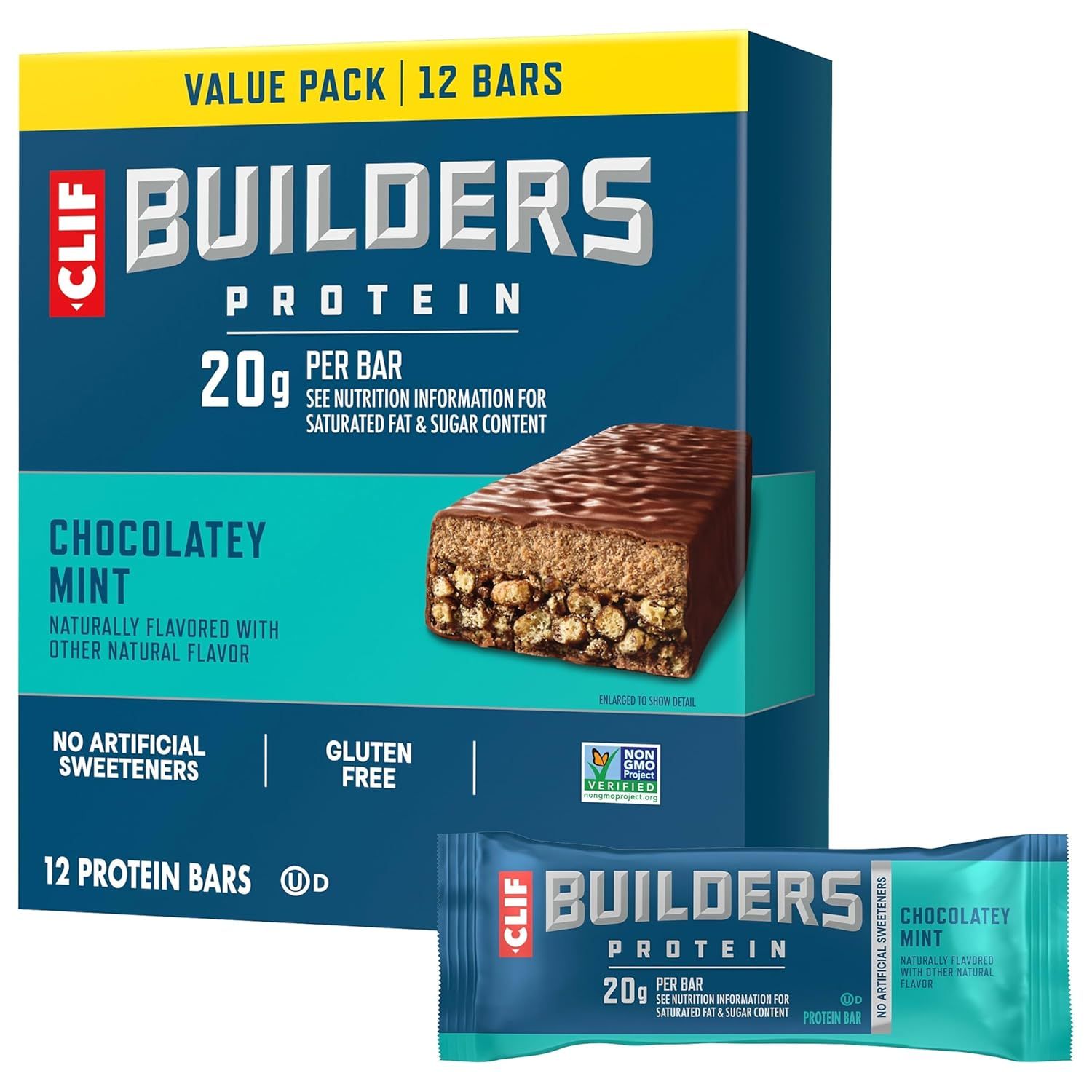 Shows the retail packaging and individual bar to communicate the product format, quantity (12 bars), flavor (Chocolatey Mint), and key nutritional benefit (20g protein per bar). Displays the…