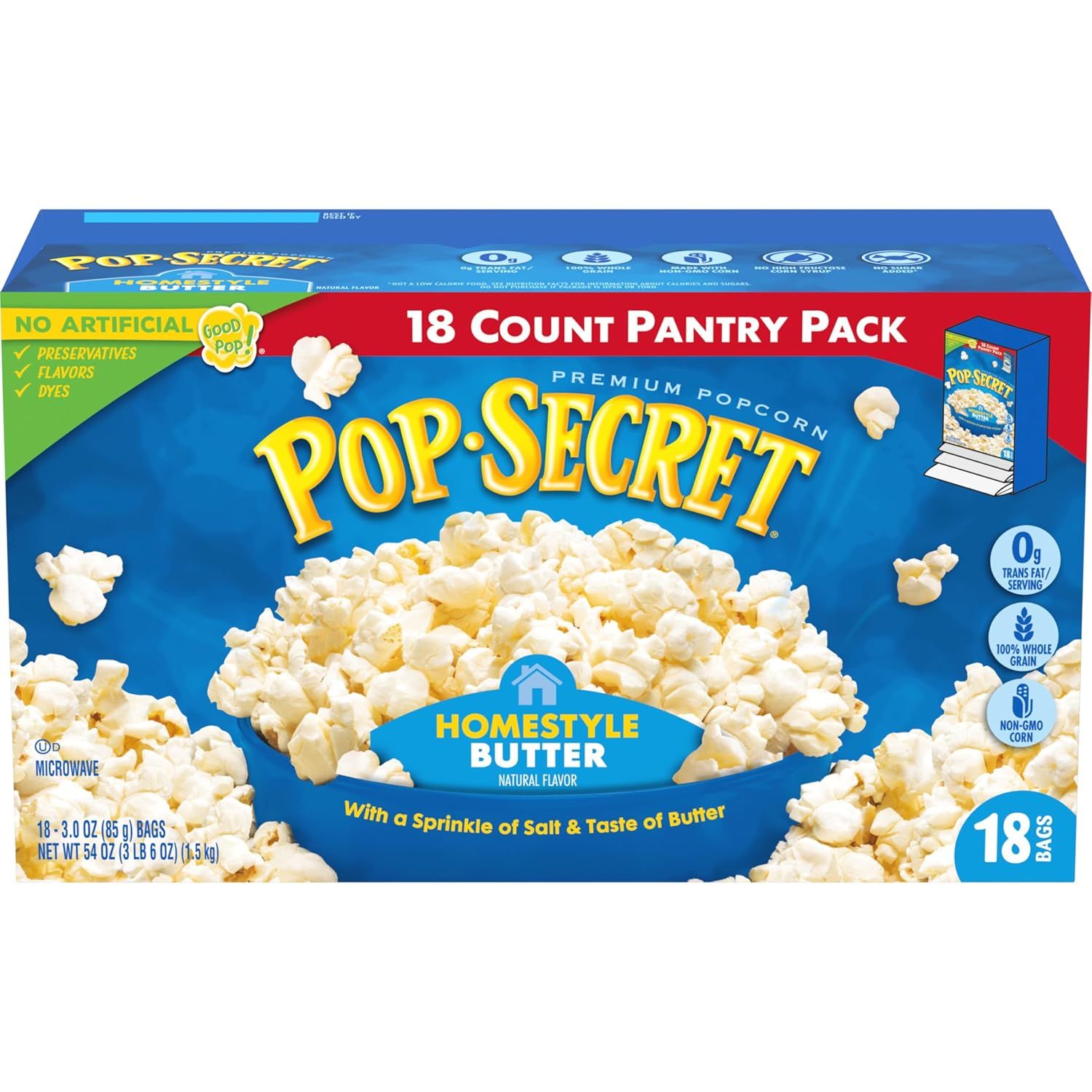 Shows the core product packaging for Pop-Secret microwave popcorn in an 18-count pantry pack format, communicating the quantity and flavor variant to help shoppers understand what they are…