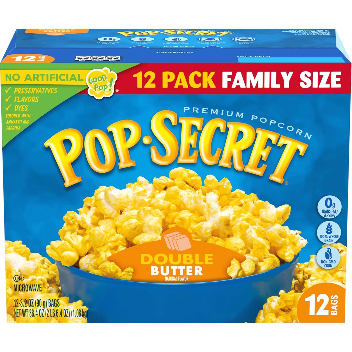 Displays the retail packaging of Pop Secret microwave popcorn to show shoppers exactly what they will receive, emphasizing the family size quantity and double butter flavor. Shows the physical…