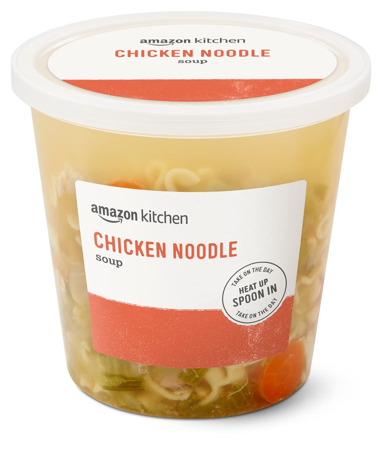 Shows the core product clearly with visible contents through the container to communicate freshness and quality of the chicken noodle soup. Displays the actual retail packaging the customer will…