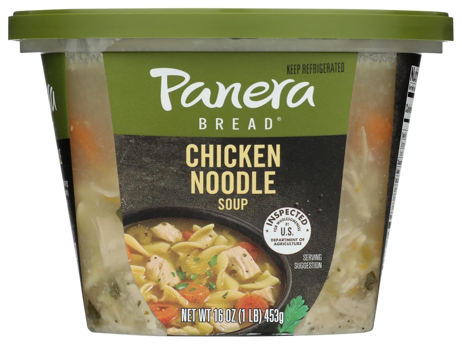 Shows the core sellable product, a Panera Bread Chicken Noodle Soup container, clearly displaying the brand, product name, and serving suggestion to help shoppers identify what they are purchasing.…