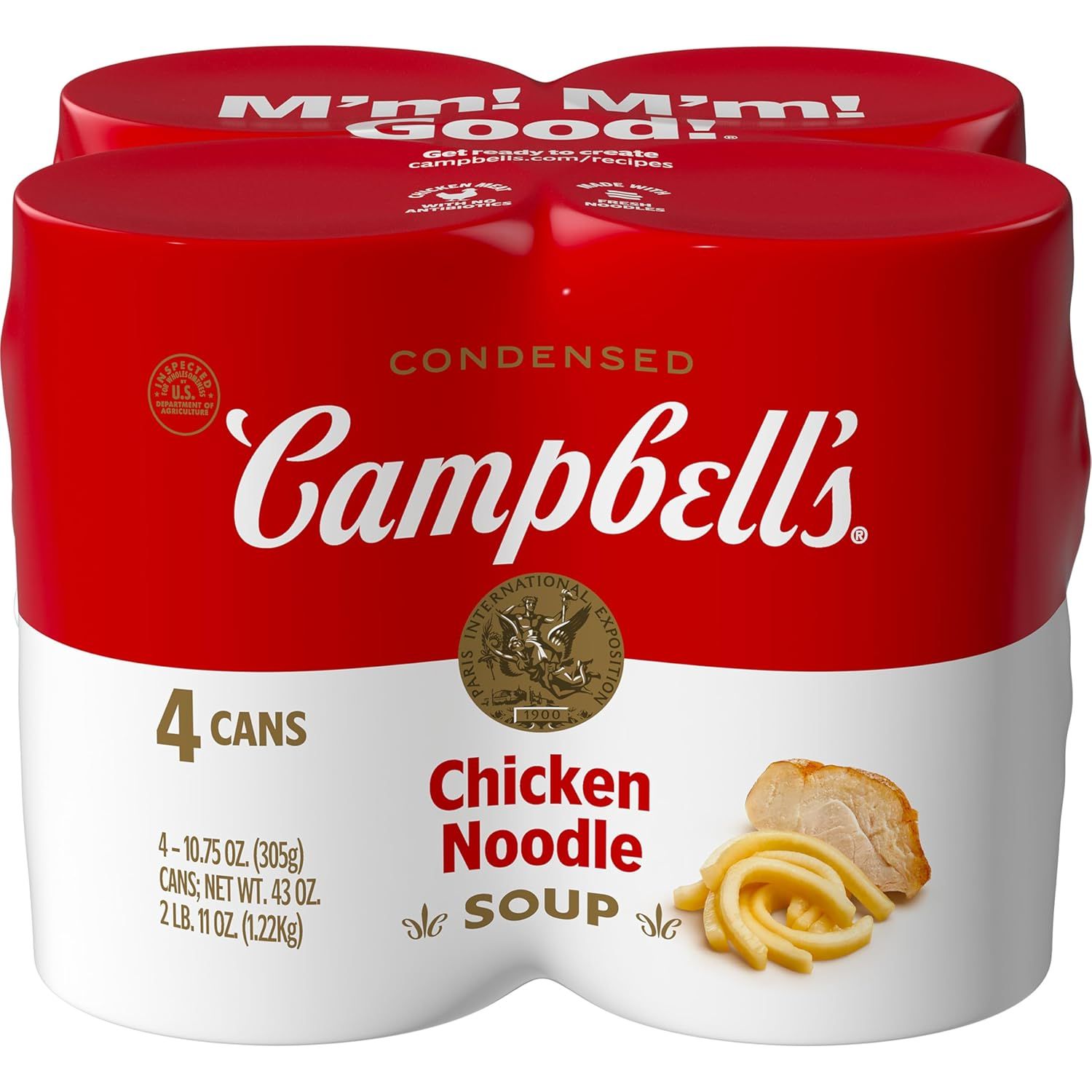 Shows the core sellable product, a 4-pack of Campbell's Chicken Noodle Soup cans, clearly displaying the brand, flavor, and quantity to help shoppers quickly identify what they are purchasing.