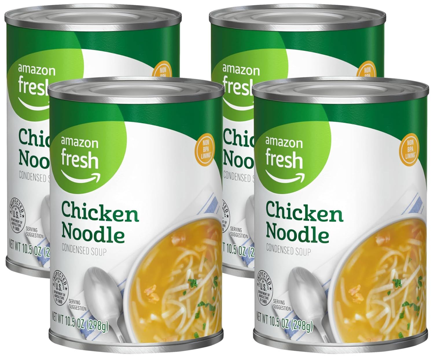 Shows the core sellable product, a 4-pack of Amazon Fresh Chicken Noodle Condensed Soup cans, clearly displaying the brand, product name, and packaging to help shoppers identify what they are…