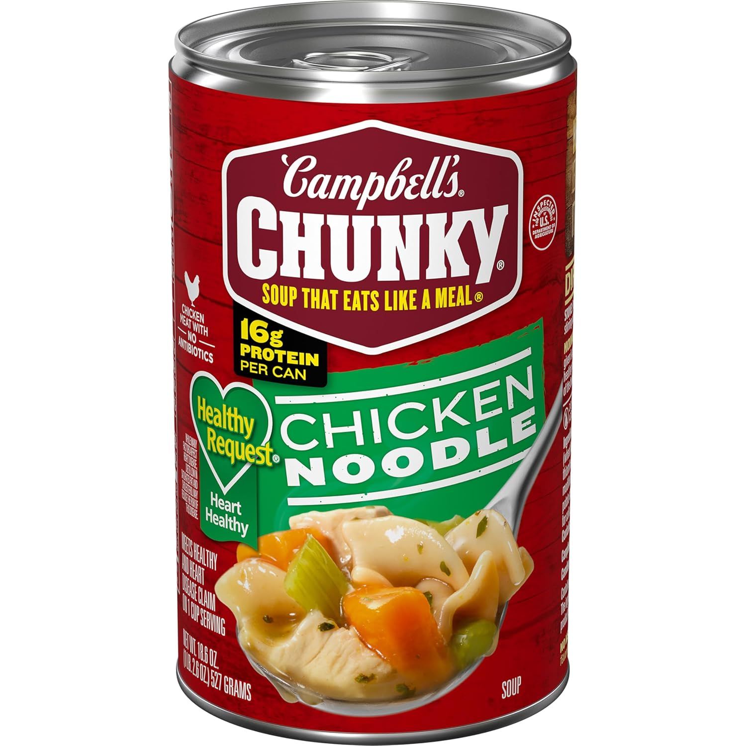 Shows the Campbell's Chunky Chicken Noodle soup can as the core sellable product, highlighting its hearty meal-like quality and 16g protein content to communicate value and nutritional benefits to…