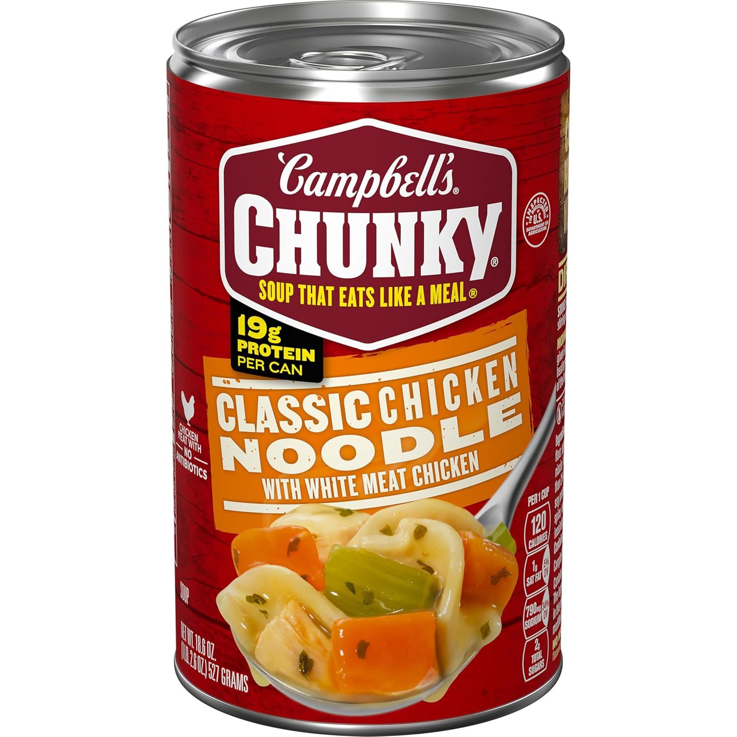 Shows the Campbell's Chunky soup can as the core sellable product in a clean catalog-style presentation, allowing shoppers to clearly identify the product, brand, flavor, and key nutritional benefit…