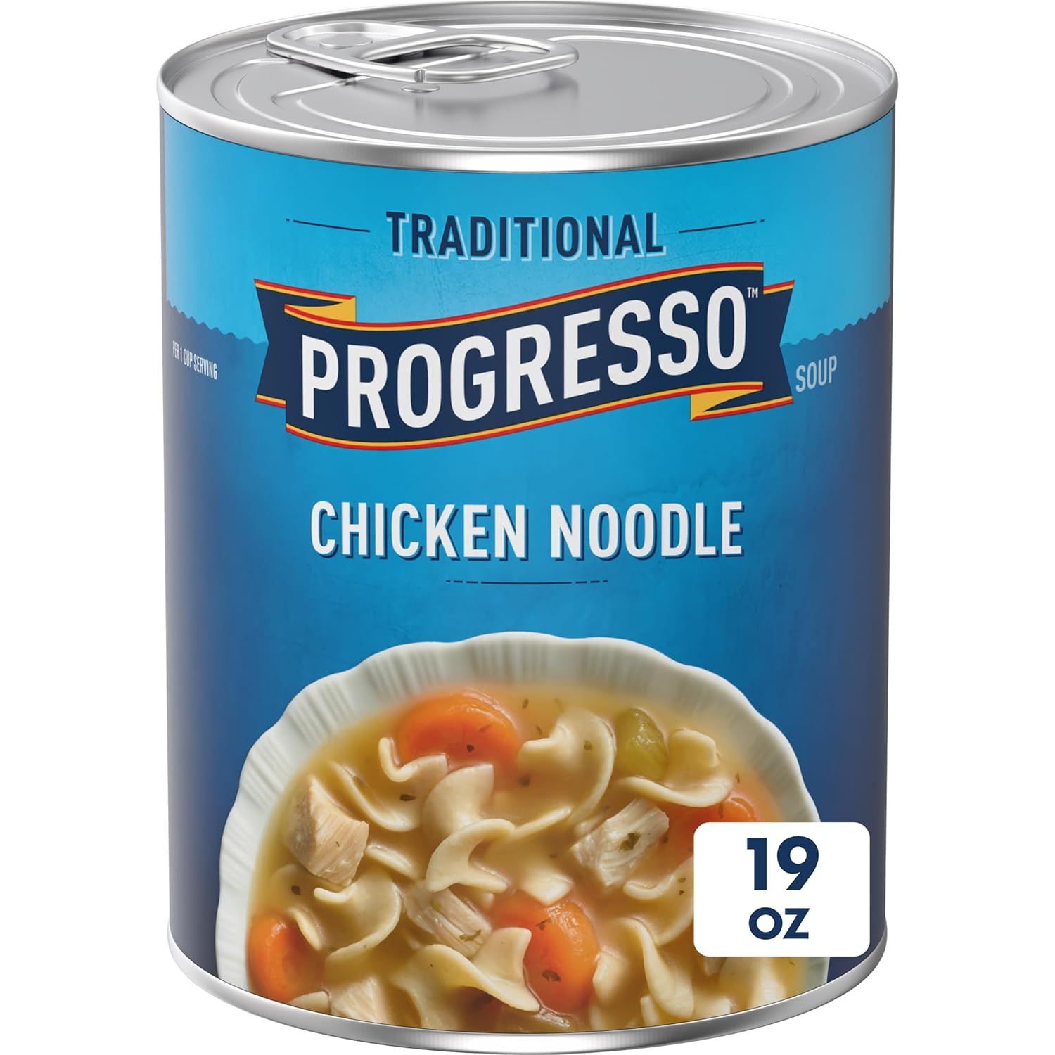 Displays the core product, a can of Progresso Traditional Chicken Noodle Soup, clearly showing the brand, flavor, and size to help shoppers identify and select the item.