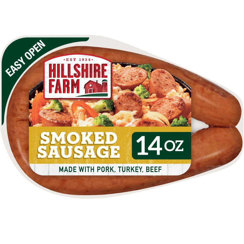 Displays the core product (smoked sausage links) clearly visible in the package to show shoppers exactly what they are purchasing. Shows the retail packaging with product information, brand…