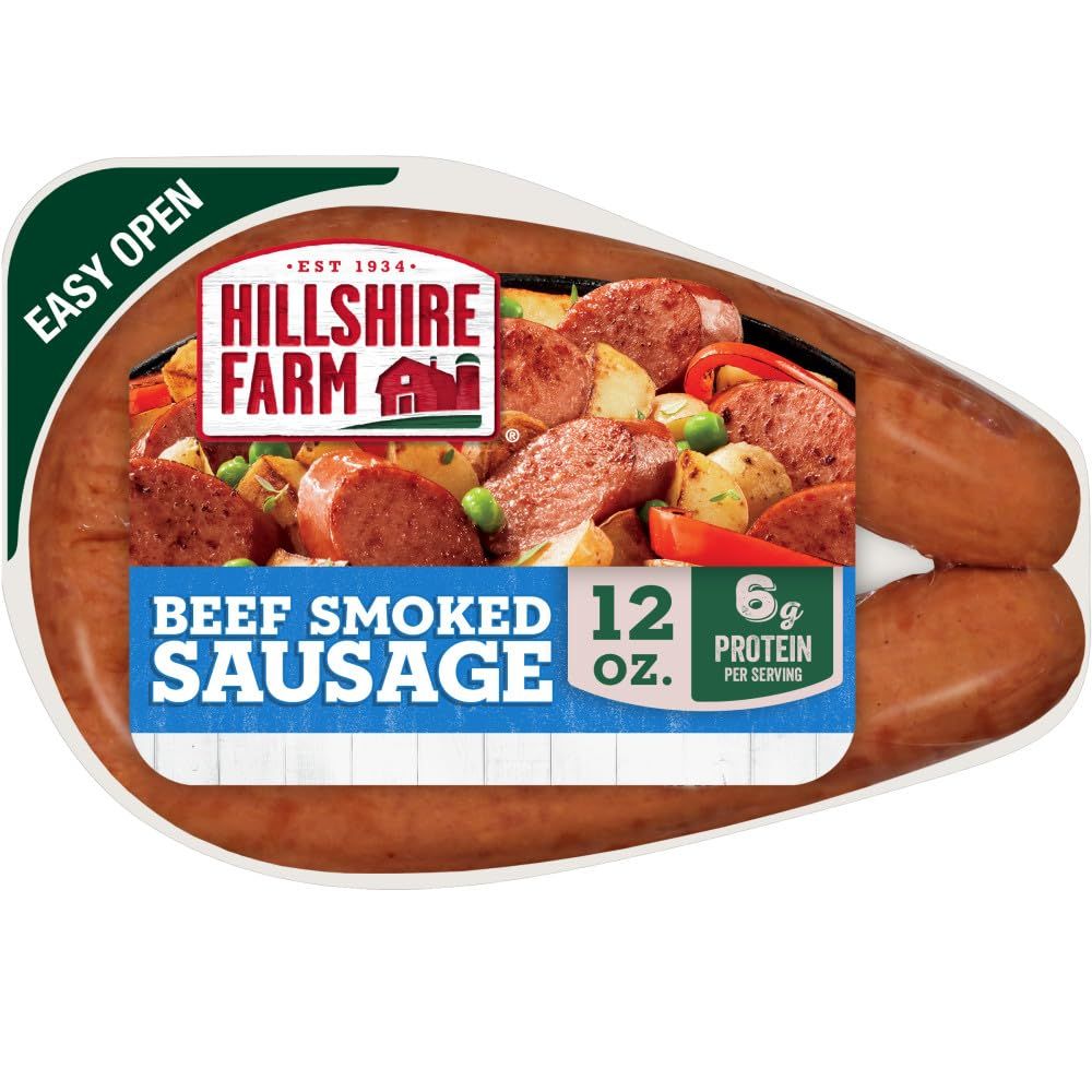 Shows the core product (beef smoked sausages) in its retail packaging with a serving suggestion to communicate what the shopper is buying and how it can be prepared. Displays the actual retail…