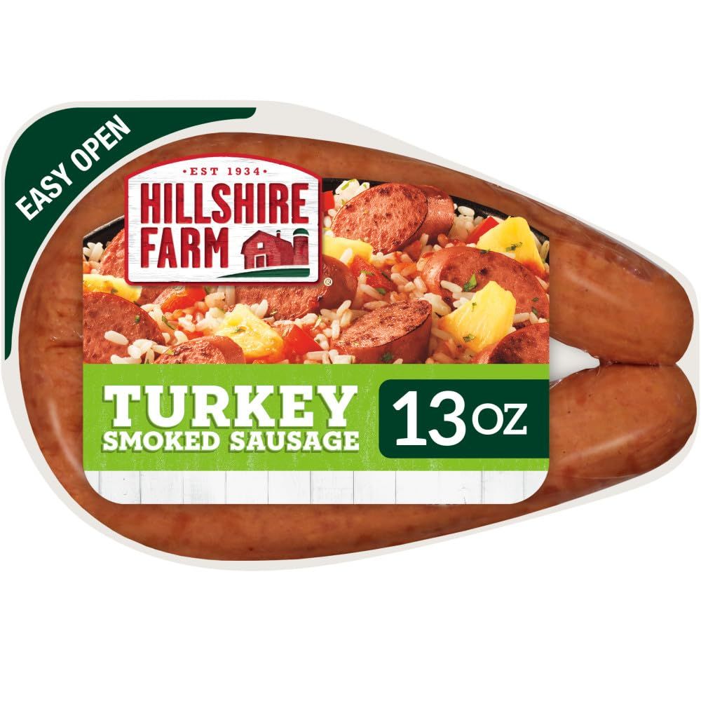 Displays the core product clearly so shoppers can see exactly what they are purchasing - turkey smoked sausages in their natural form. Shows the actual retail packaging with brand identity and…