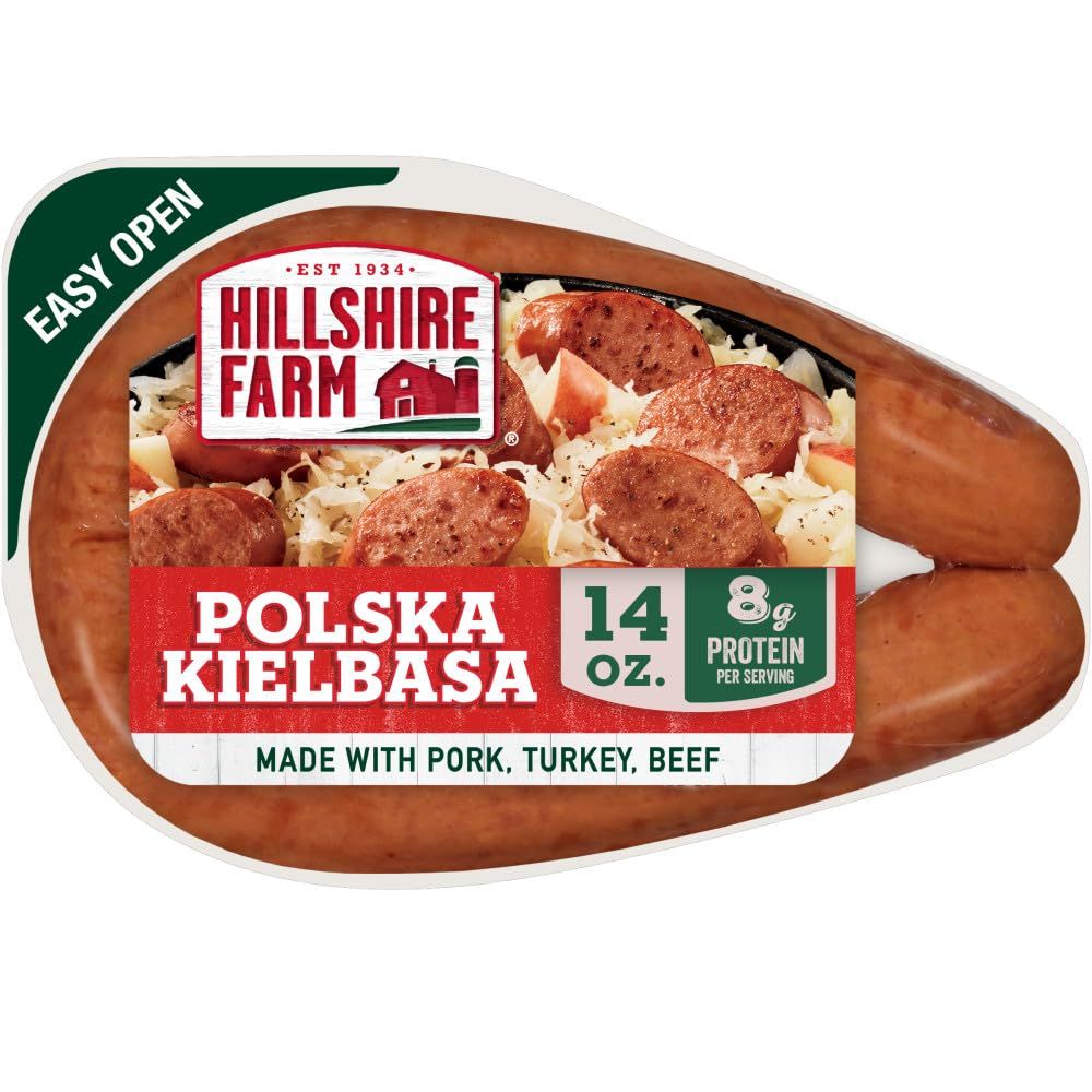 Shows the core product (Hillshire Farm Polska Kielbasa sausages) in its retail packaging with clear branding, product name, and key nutritional information to help shoppers identify and select this…