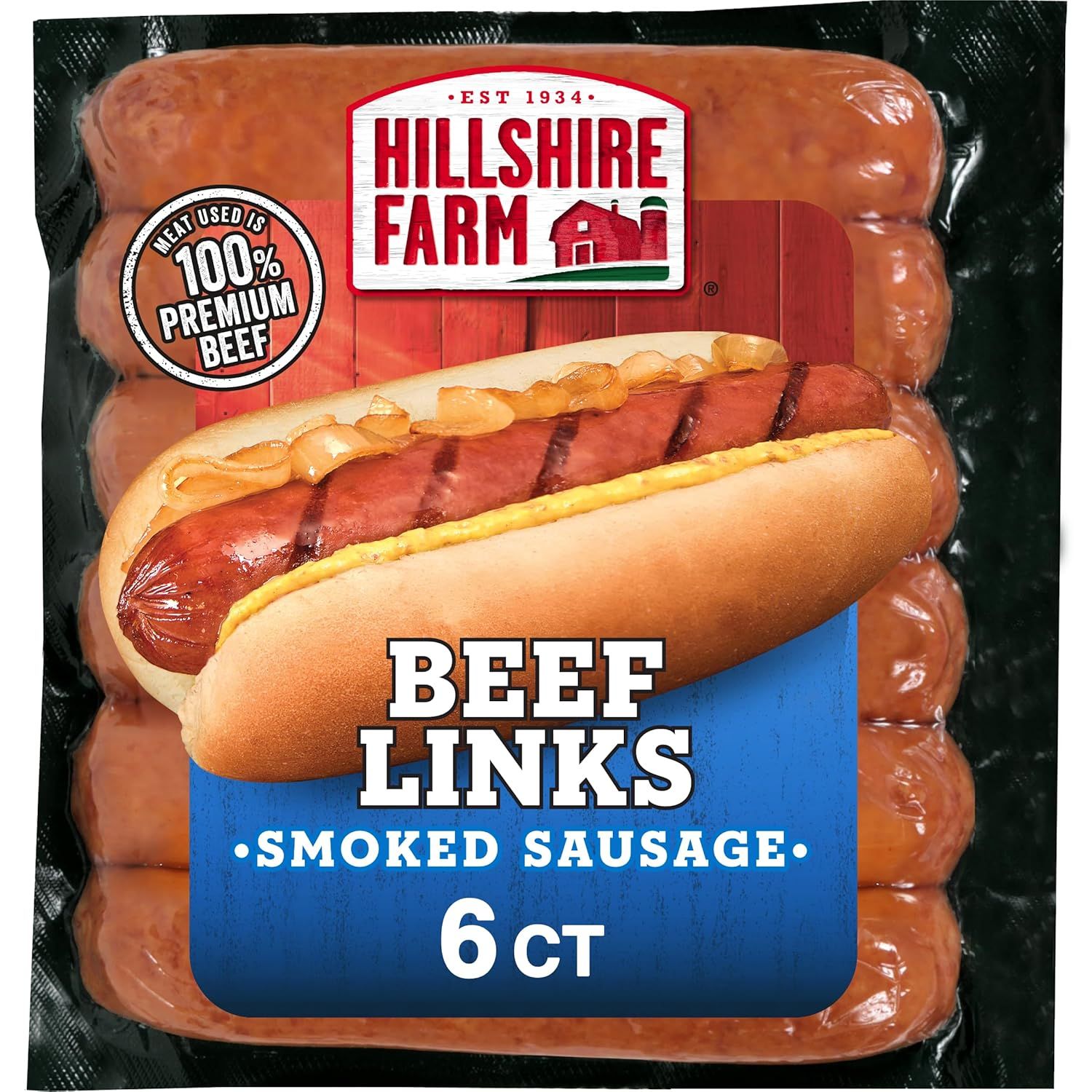 Displays the core product—Hillshire Farm beef links in retail packaging—to show shoppers exactly what they are purchasing, emphasizing the premium beef quality and smoked sausage variety. Shows the…