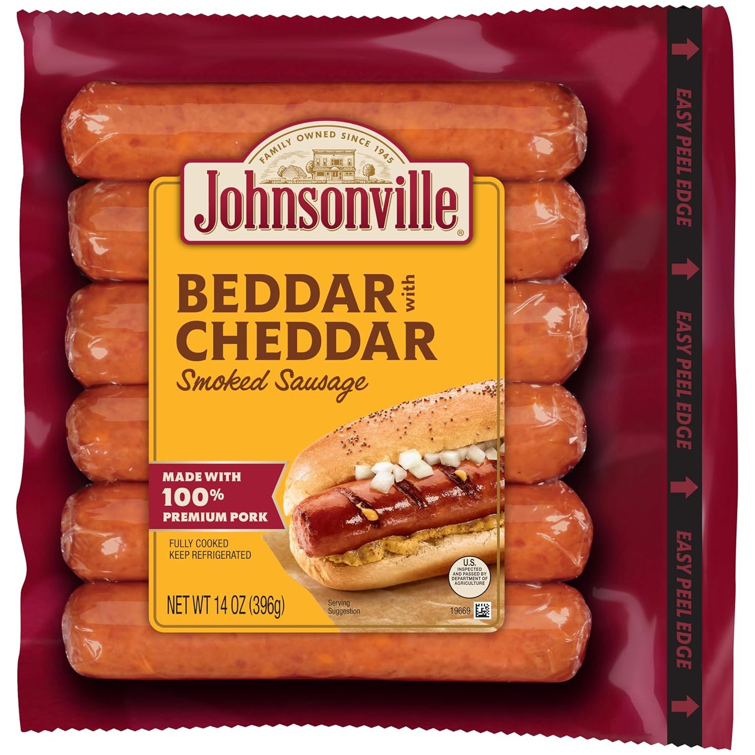 Shows the core product—Johnsonville Beddar with Cheddar Smoked Sausage—in its retail packaging, clearly displaying the brand, flavor variant, and serving suggestion to help shoppers identify and…