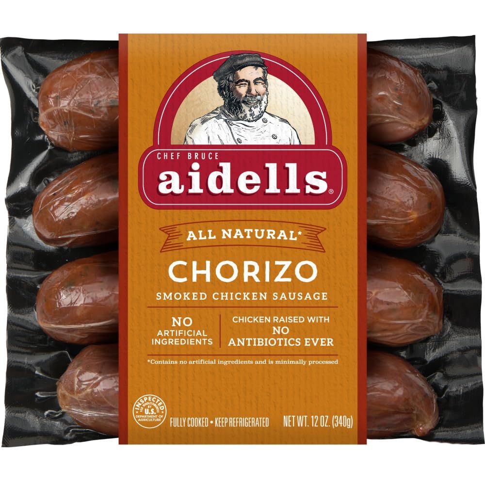 Shows the packaged product clearly with visible sausages through the packaging to communicate what the shopper will receive, emphasizing the all-natural, antibiotic-free quality of the chorizo…
